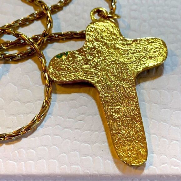 Green Enamel Cross on Gold Tone Chain 18” - Picture 2 of 3